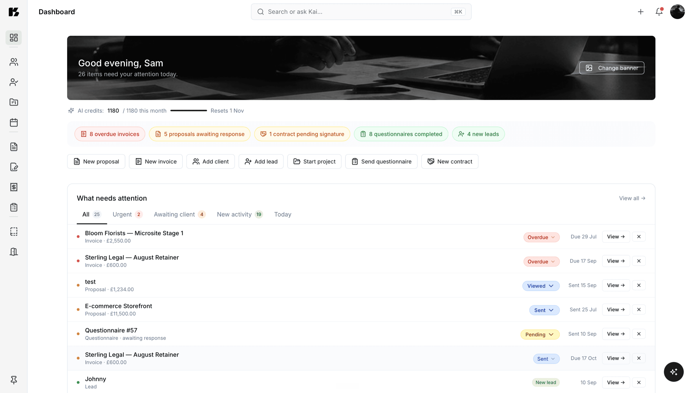 Kaizen business portal dashboard showing client records, open invoices and recent project updates on one screen