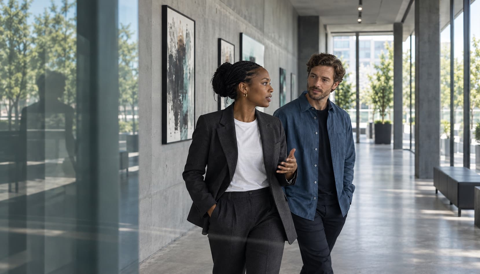 Two colleagues from a small studio talking as they walk through a concrete gallery corridor
