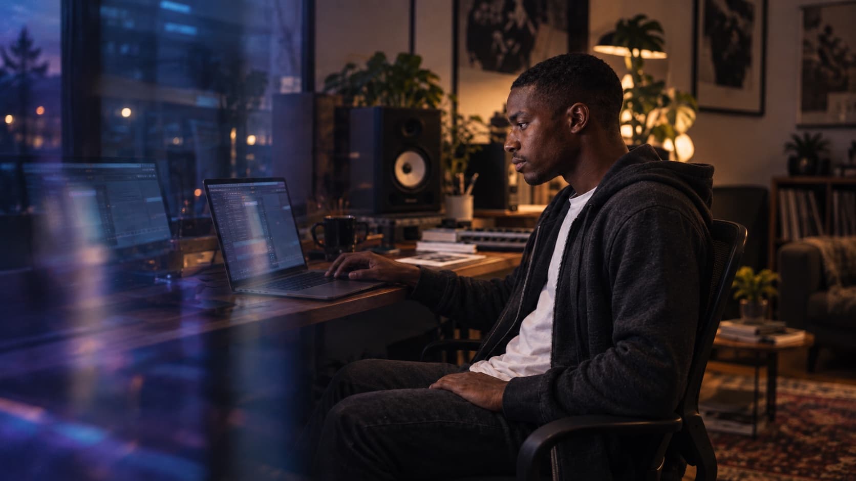 Photograph of people working at a small creative studio