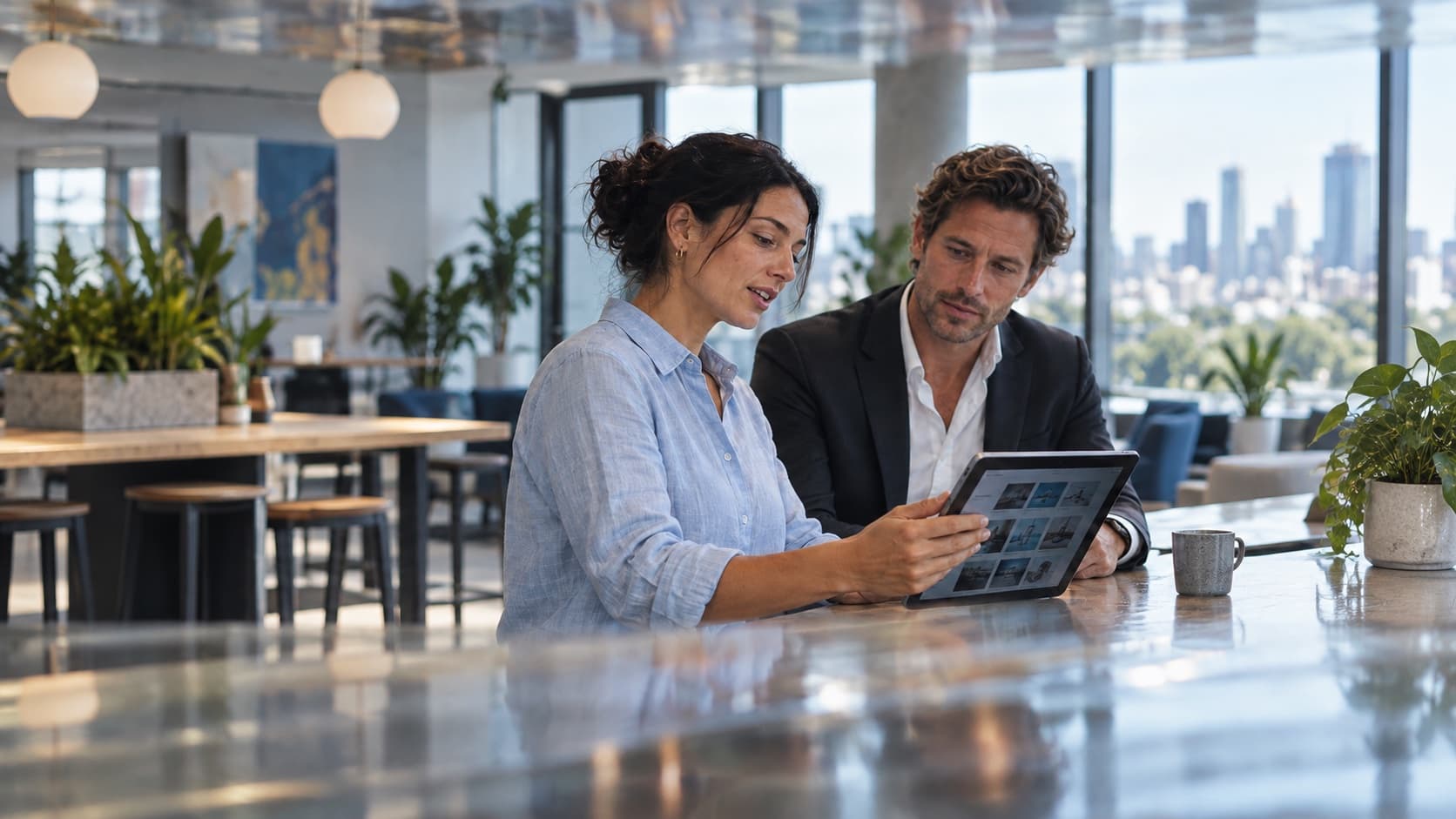 A freelancer walking a client through their project on a tablet