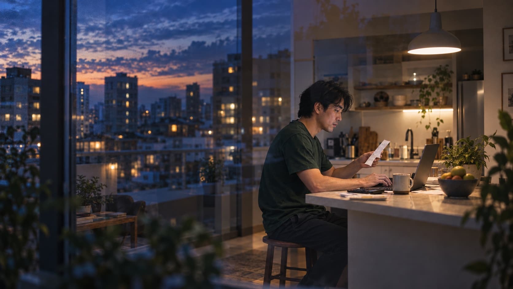 A freelancer checking a receipt against his laptop at a kitchen counter at dusk