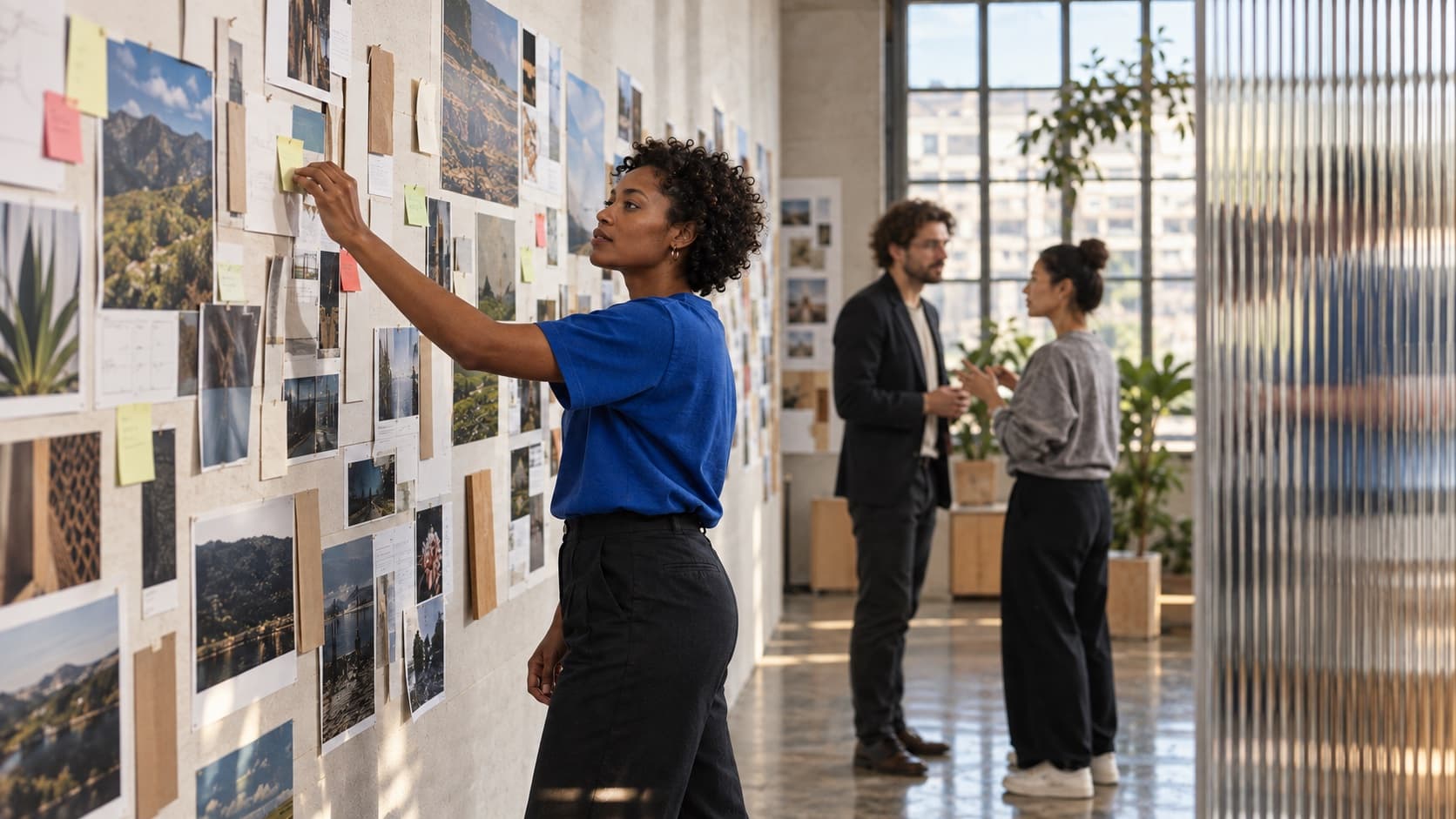 A designer pinning references to a project wall while two colleagues talk behind her
