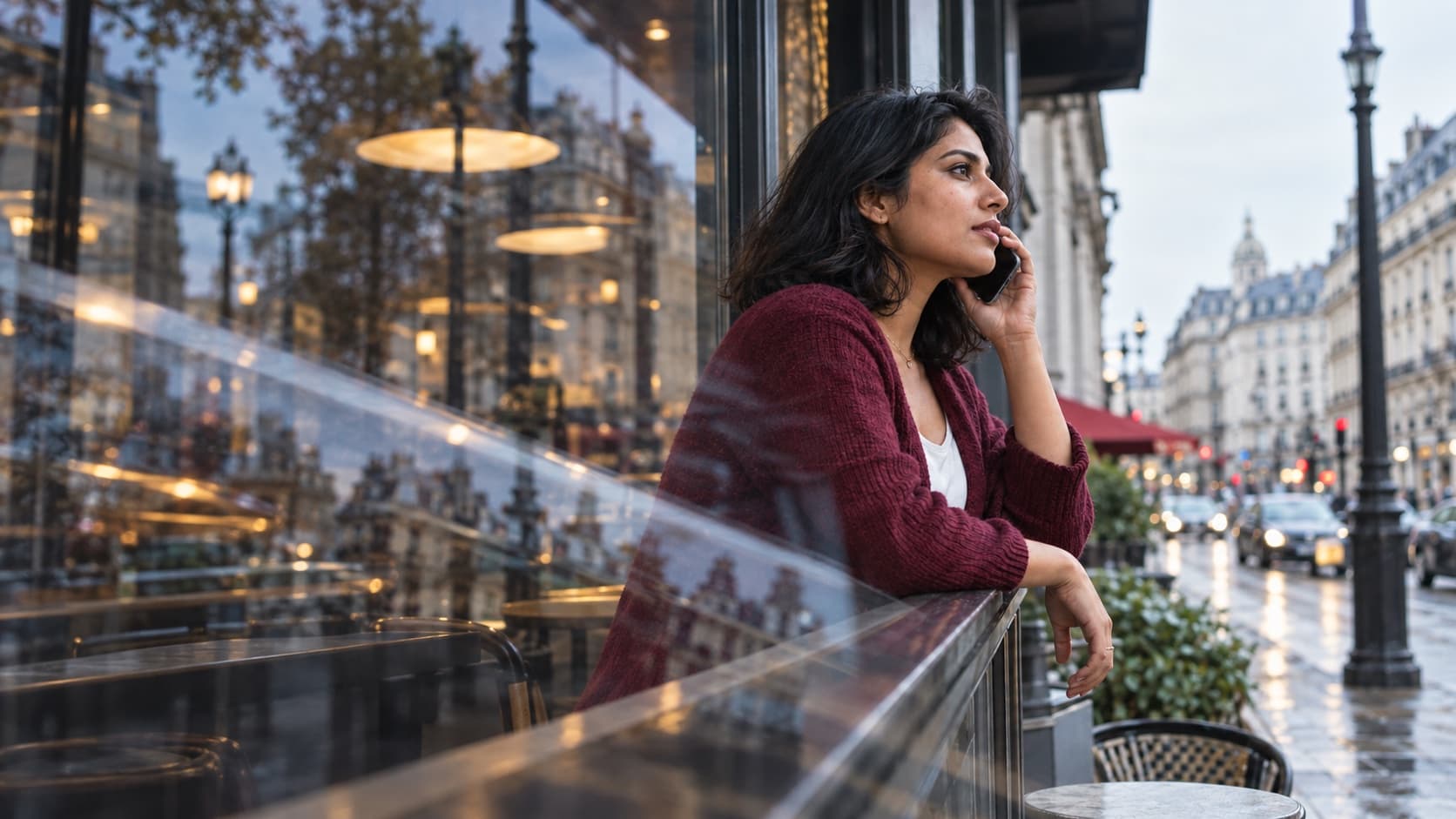 A consultant taking a call from a new enquiry on a café terrace