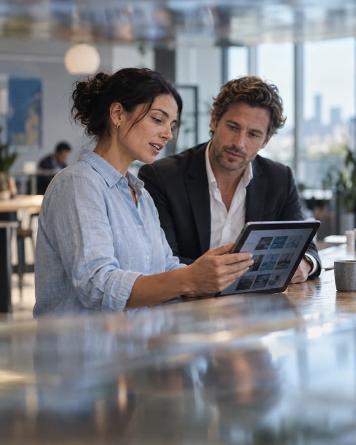 A consultant showing a client a project on a tablet at a café table