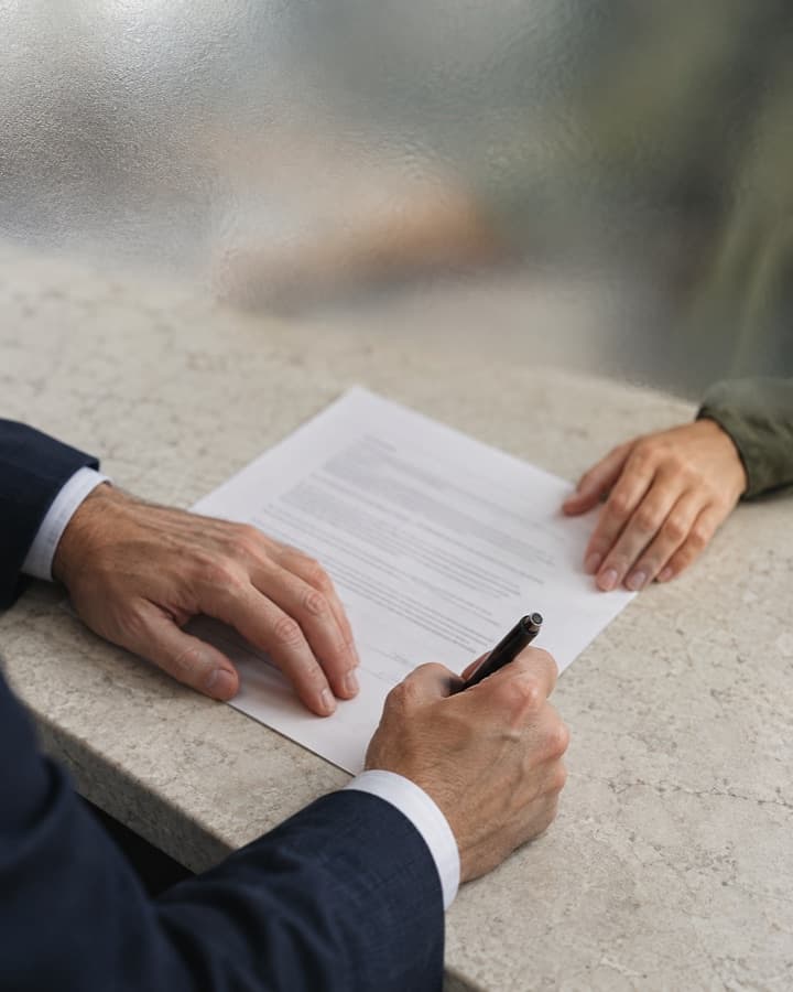 Hands signing a contract on a stone countertop while a second person looks on