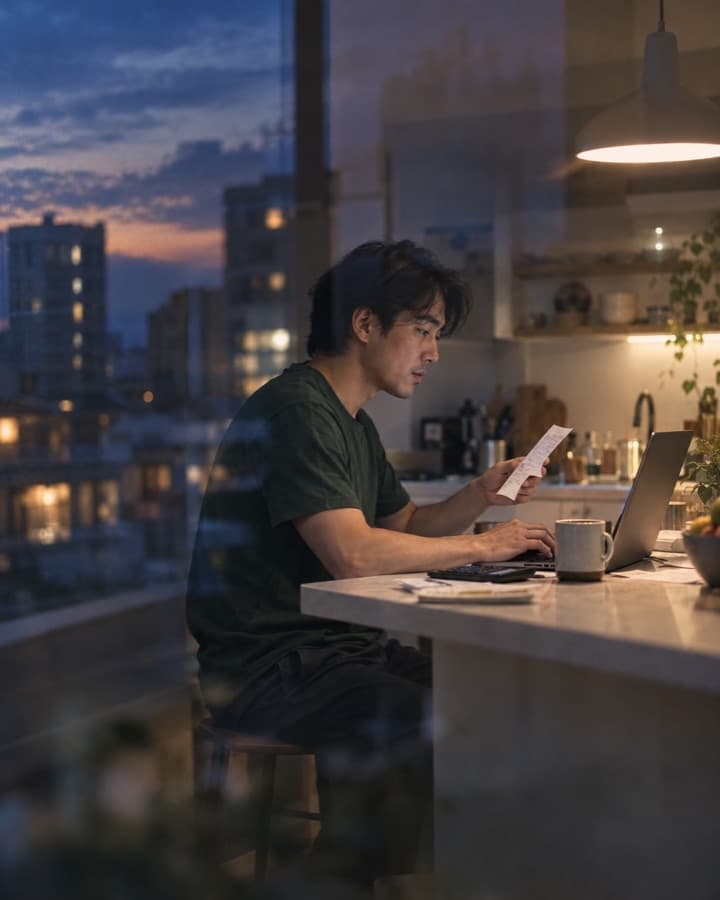 A freelancer checking a receipt against his laptop at a kitchen counter at dusk