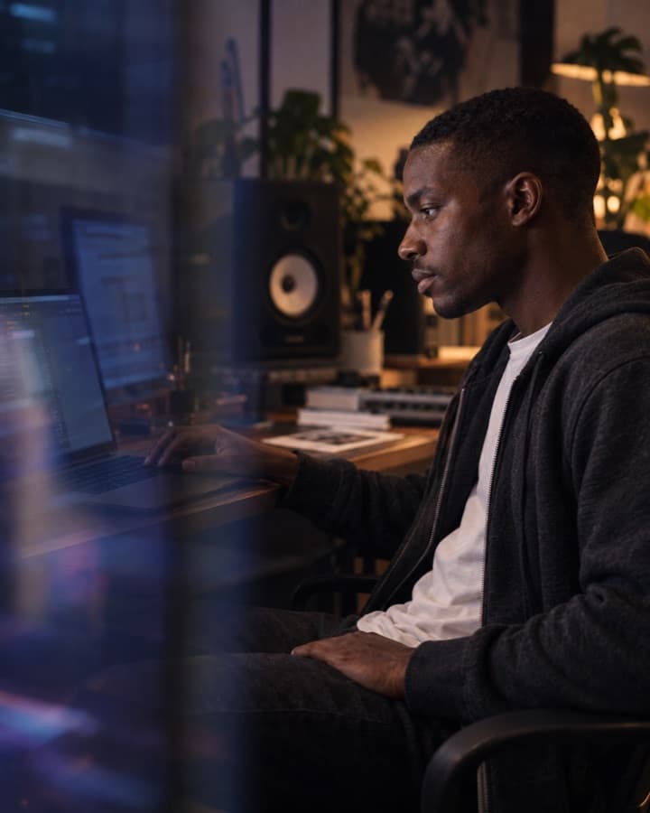 A man working late at a laptop in a dim home studio with monitors and speakers behind him