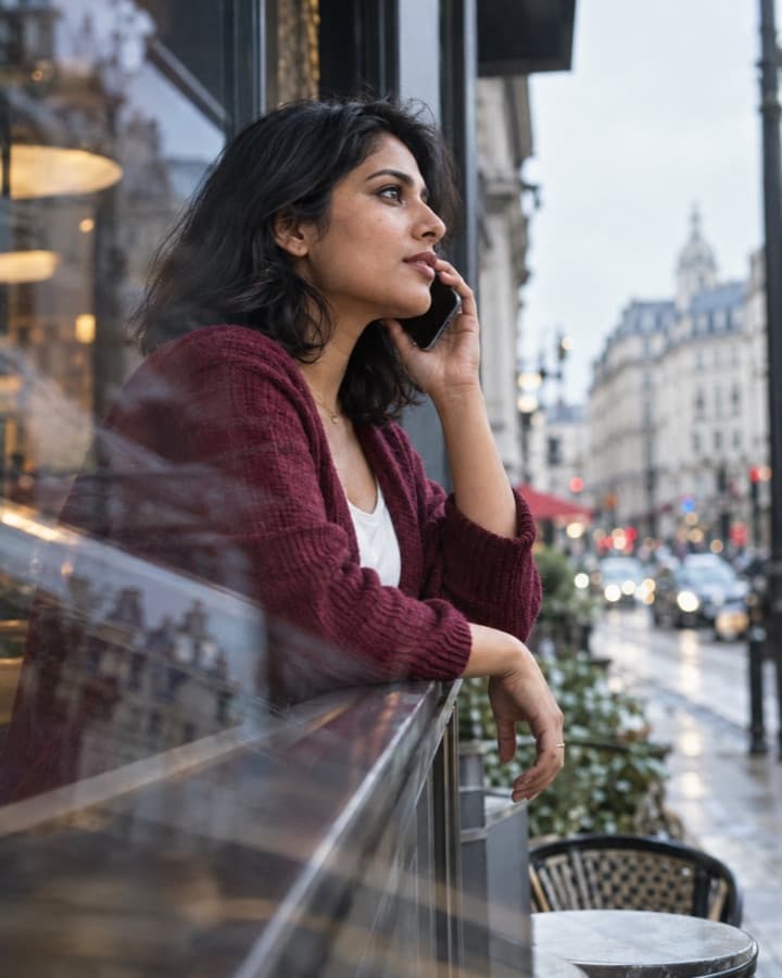 A woman on a phone call, leaning on a café terrace rail above a rainy city street