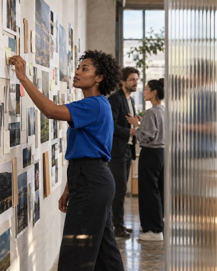 A designer pinning references to a project wall while two colleagues talk behind her