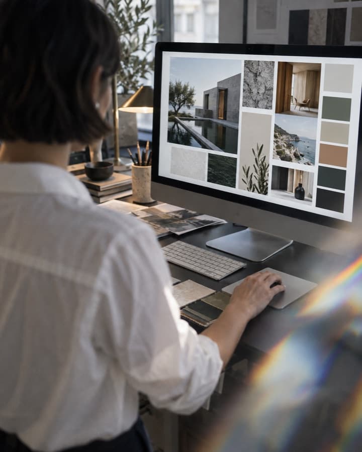 A designer at her desk working on a mood board of architecture and material samples on a large monitor