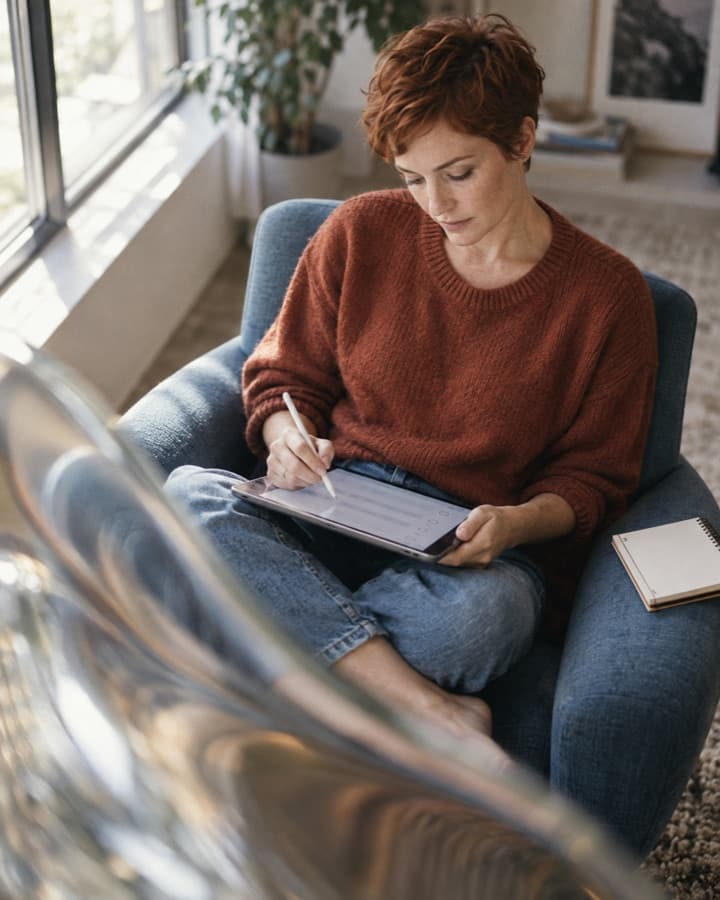 A woman in a rust jumper filling in a form on a tablet with a stylus in an armchair