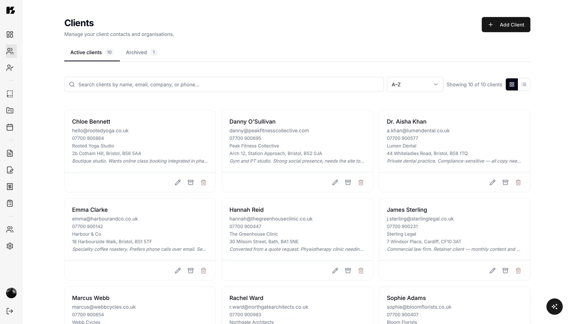 The Kaizen clients list laid out as cards, one per client