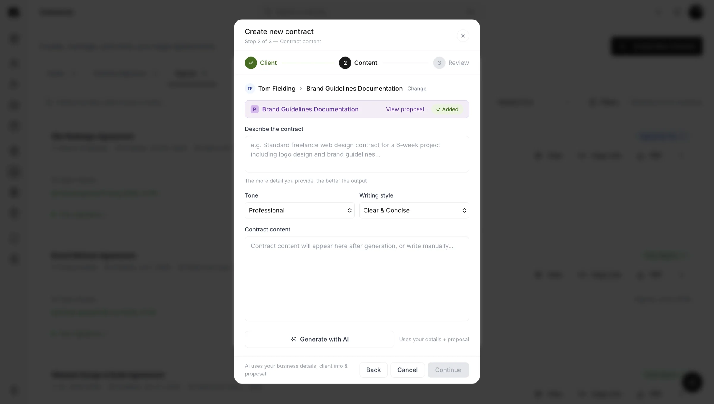 Creating a contract in Kaizen from an accepted proposal, with AI writing the first draft
