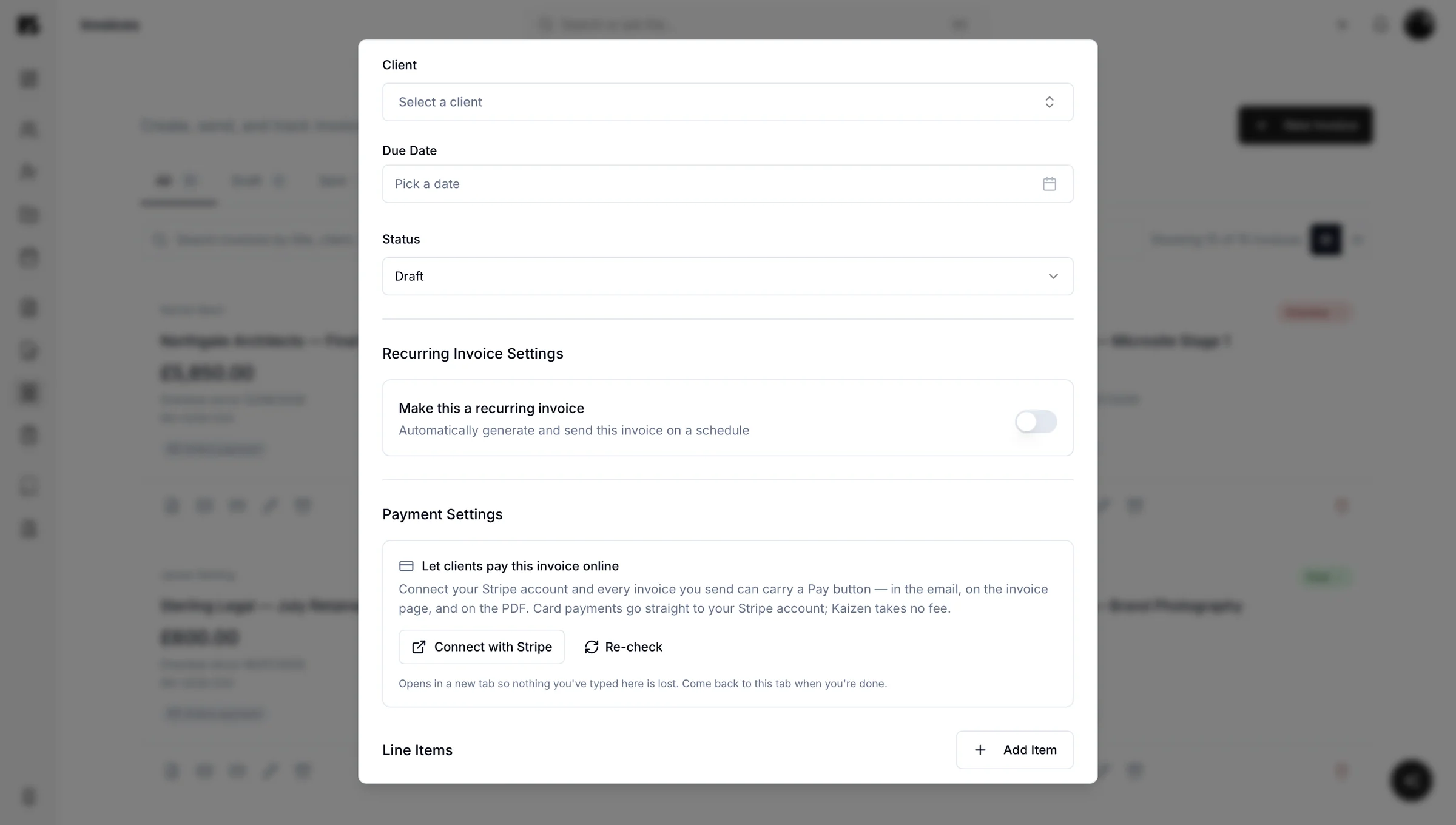 Creating an invoice in Kaizen with client, due date, recurring settings and Stripe payments