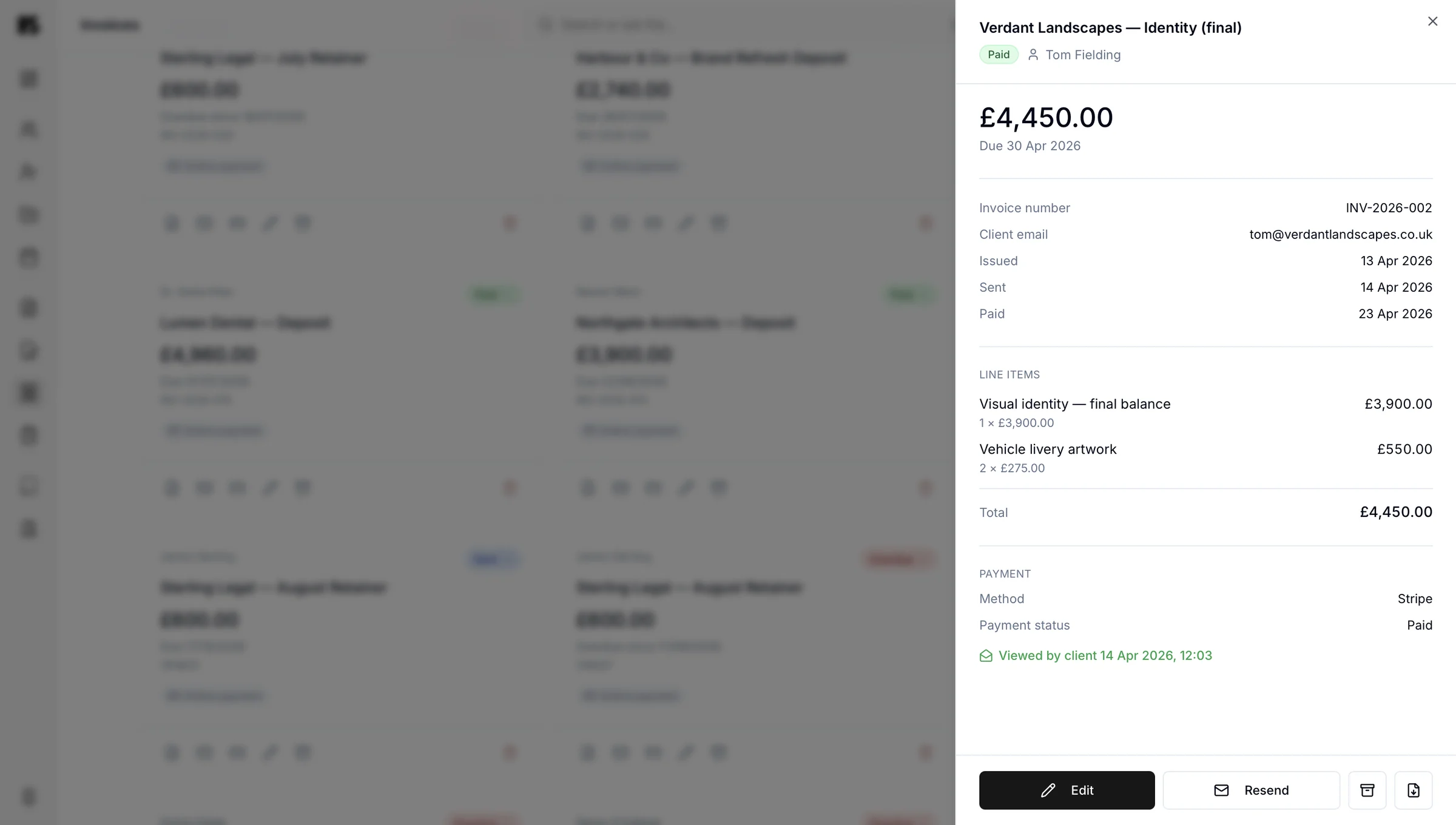 A paid invoice in Kaizen with its number, dates, line items and the moment the client viewed it