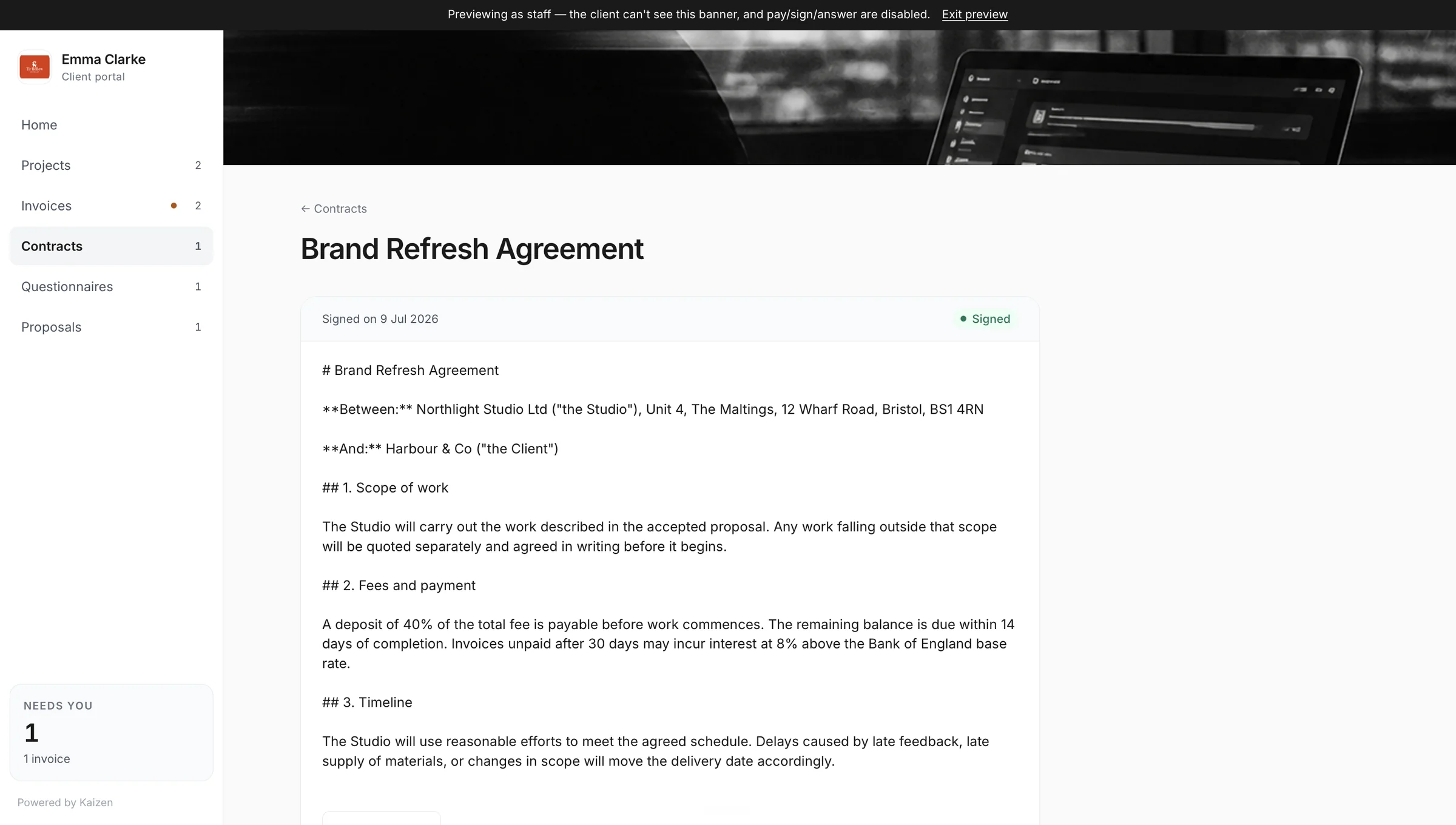 A signed contract in a Kaizen client portal