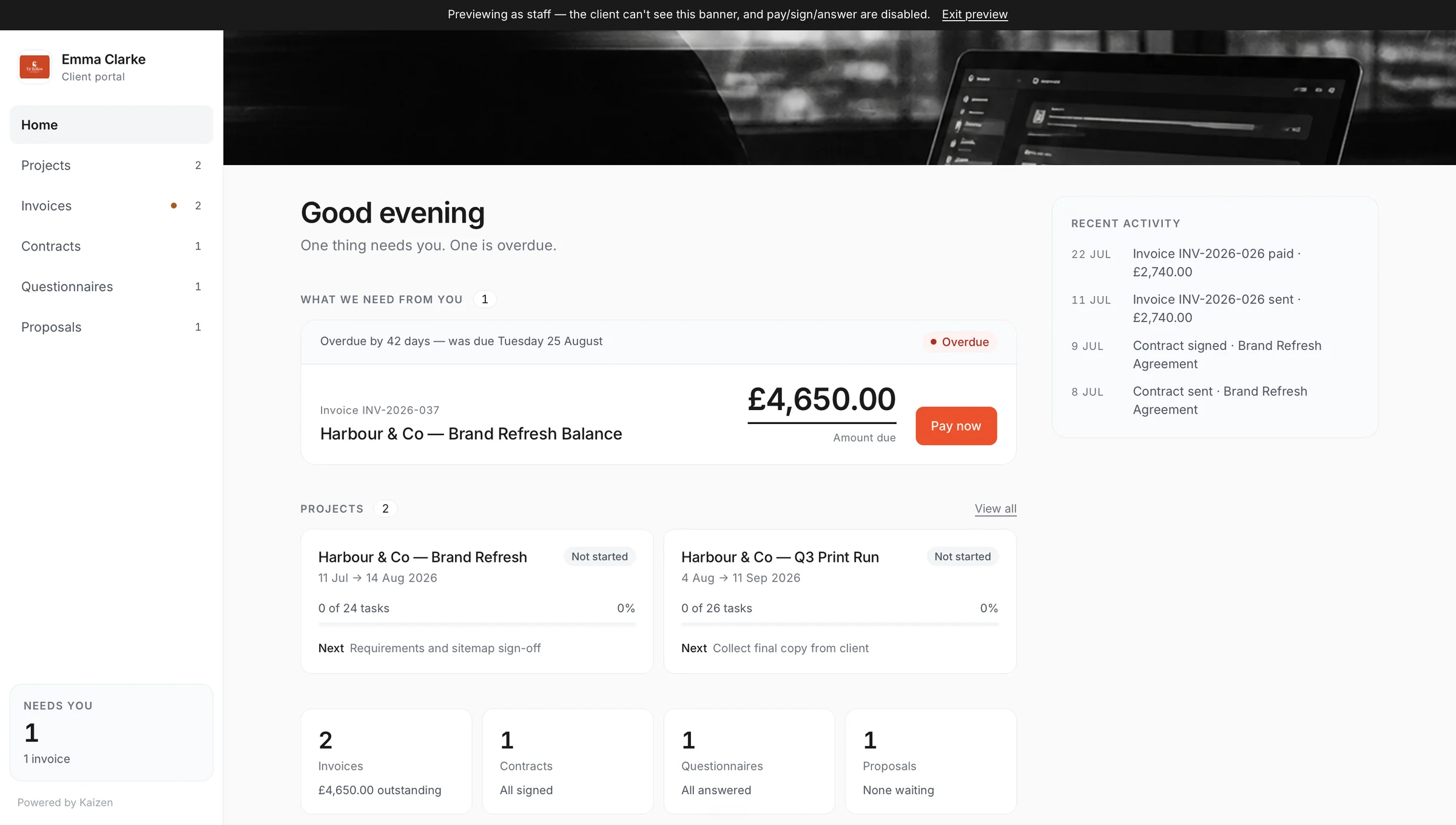 The home page of a Kaizen client portal, with an invoice to pay and two projects in progress