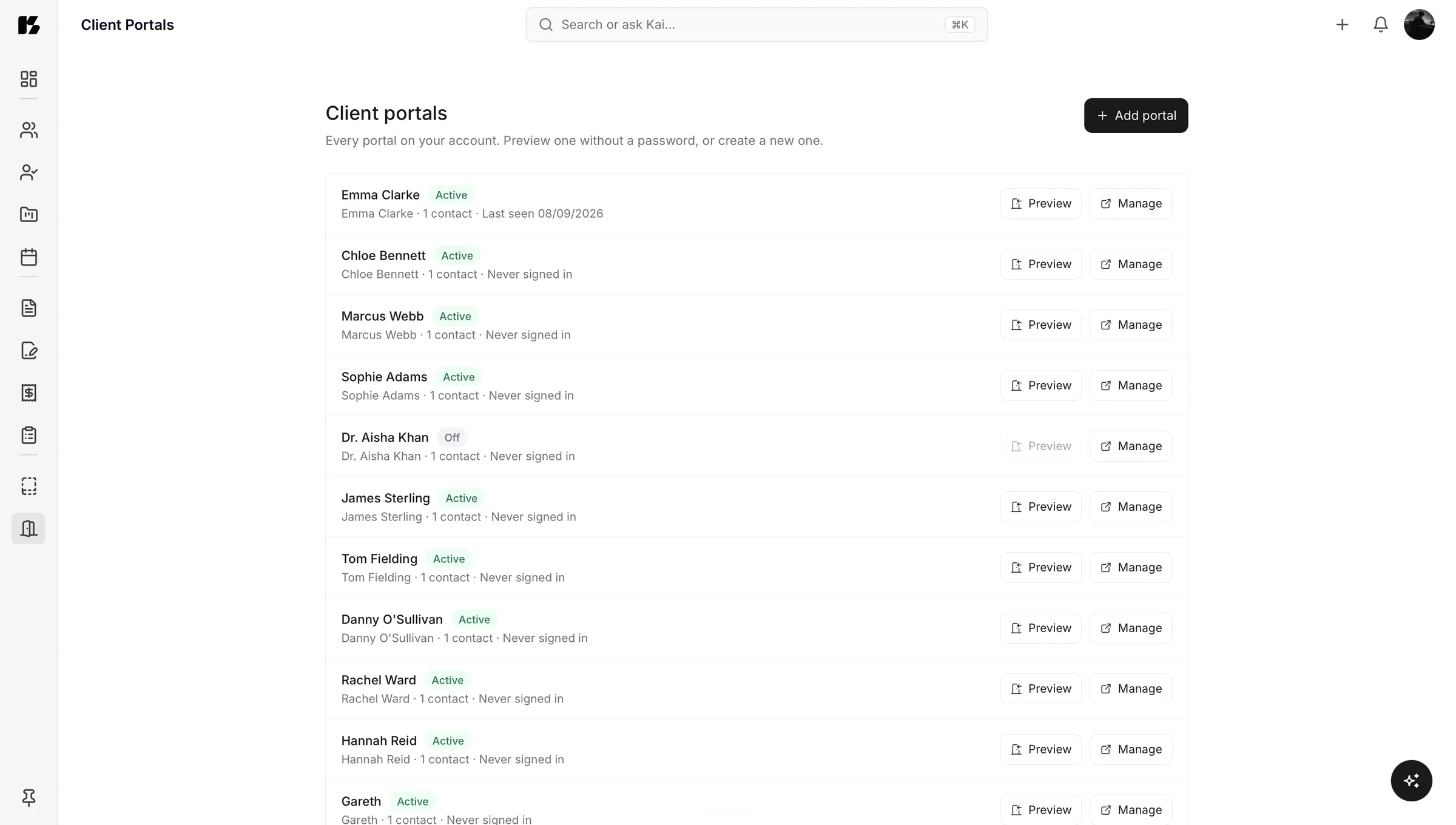 Every client portal in Kaizen, with when each client last signed in