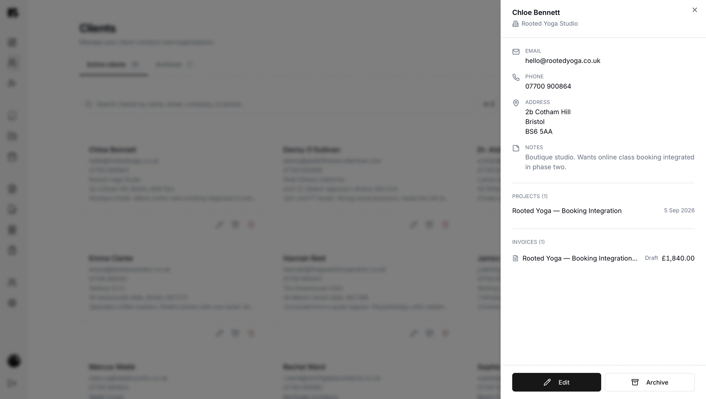 A client record in Kaizen with contact details, notes and the projects and invoices linked to it