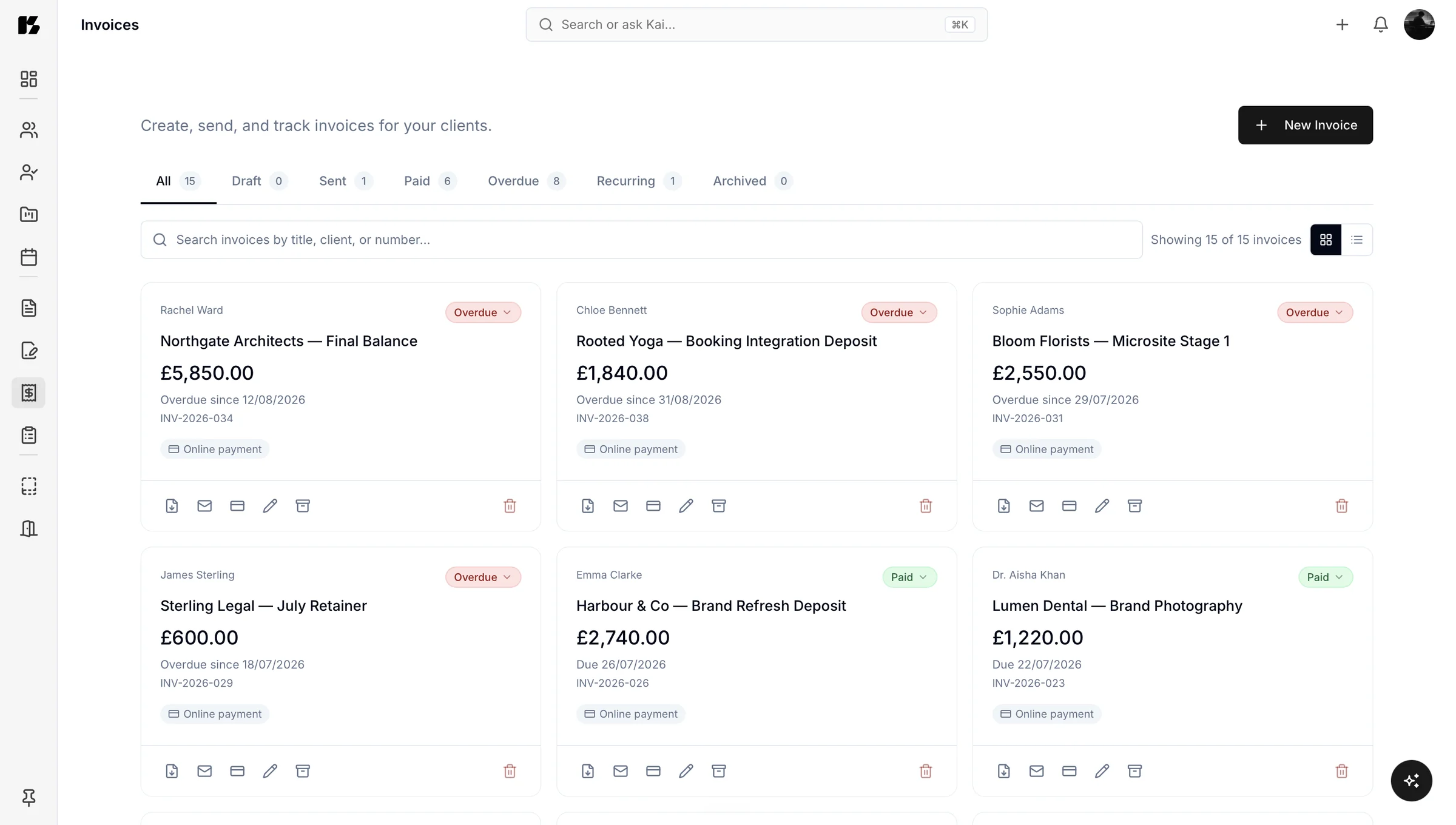 Kaizen invoices laid out as cards with amounts and overdue or paid status