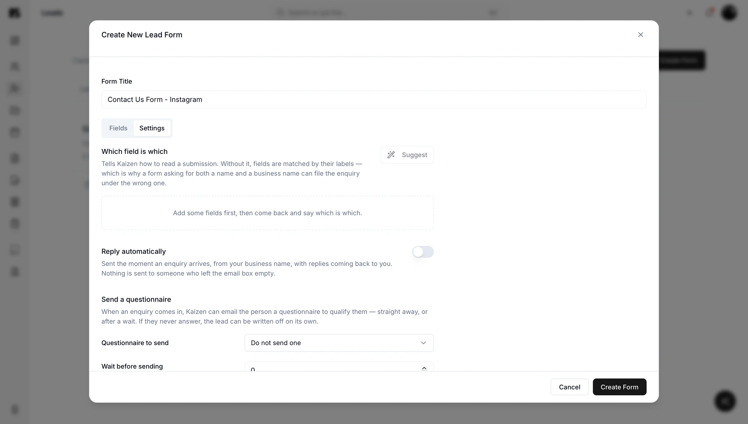 Setting up a lead form in Kaizen, including automatic replies and a follow-up questionnaire