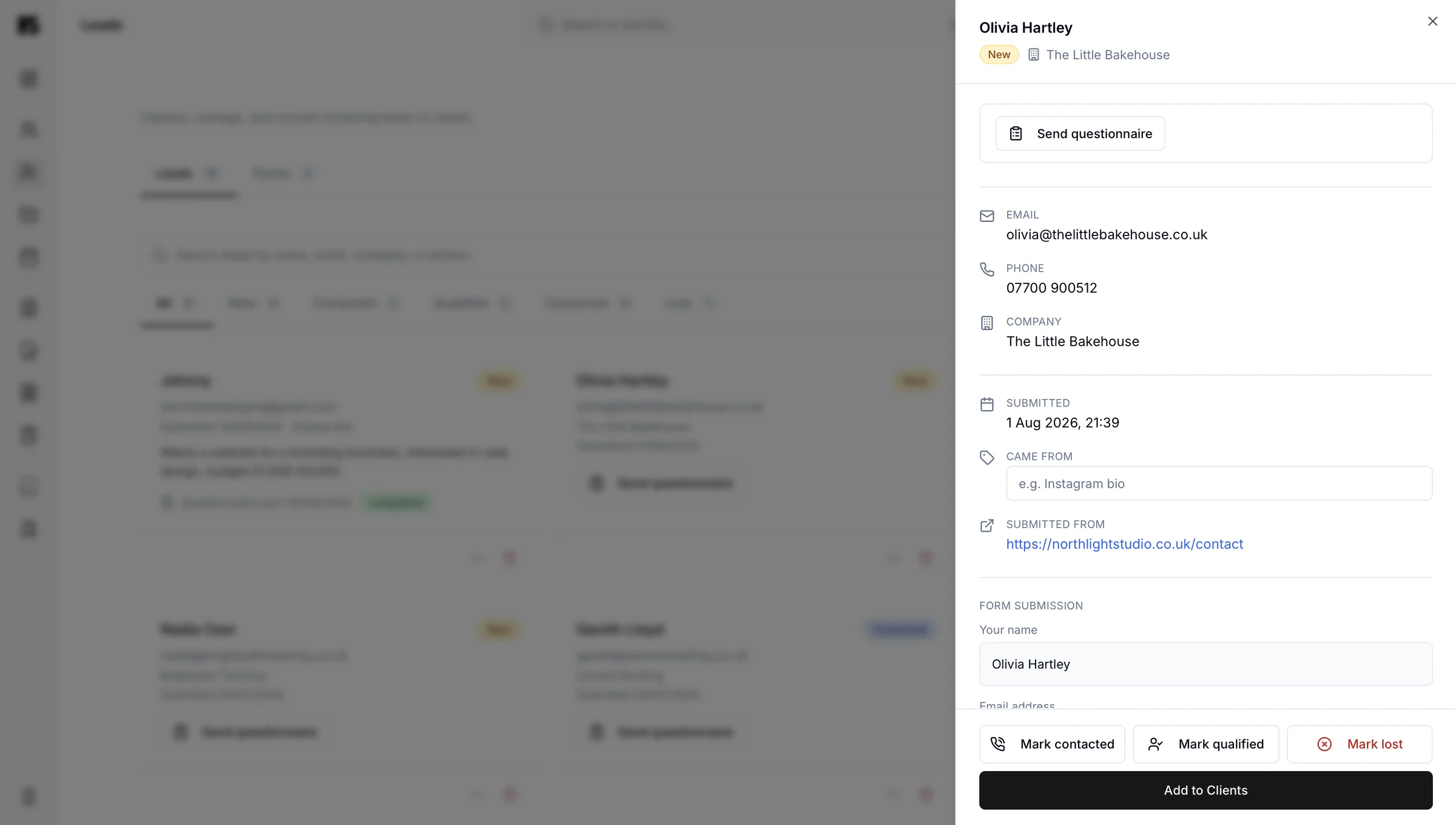 A lead open in Kaizen showing what they submitted, with a button to add them to clients