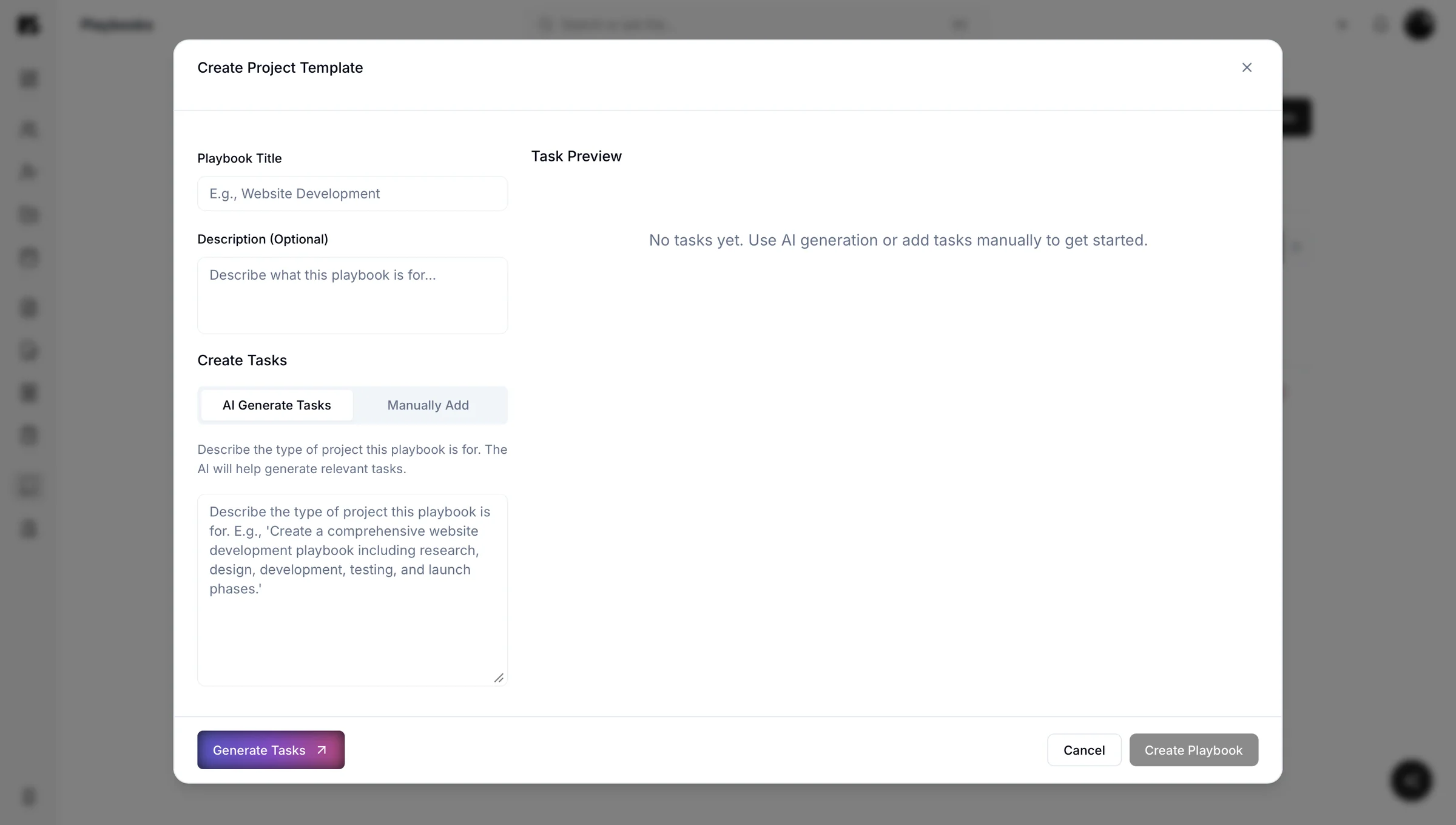 Creating a playbook in Kaizen, with AI generating the task list