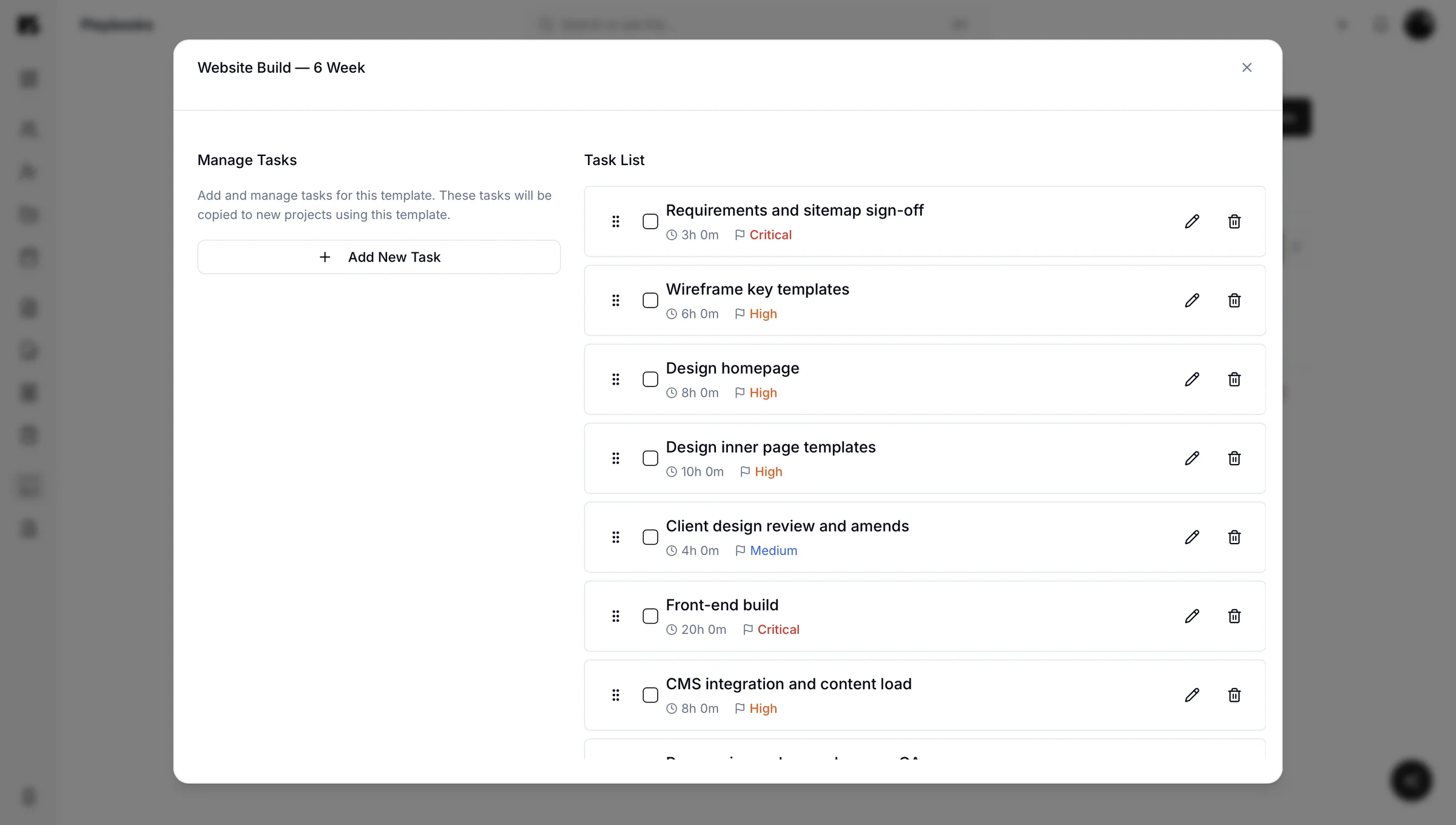 The task list inside a Kaizen playbook, each with hours and a priority