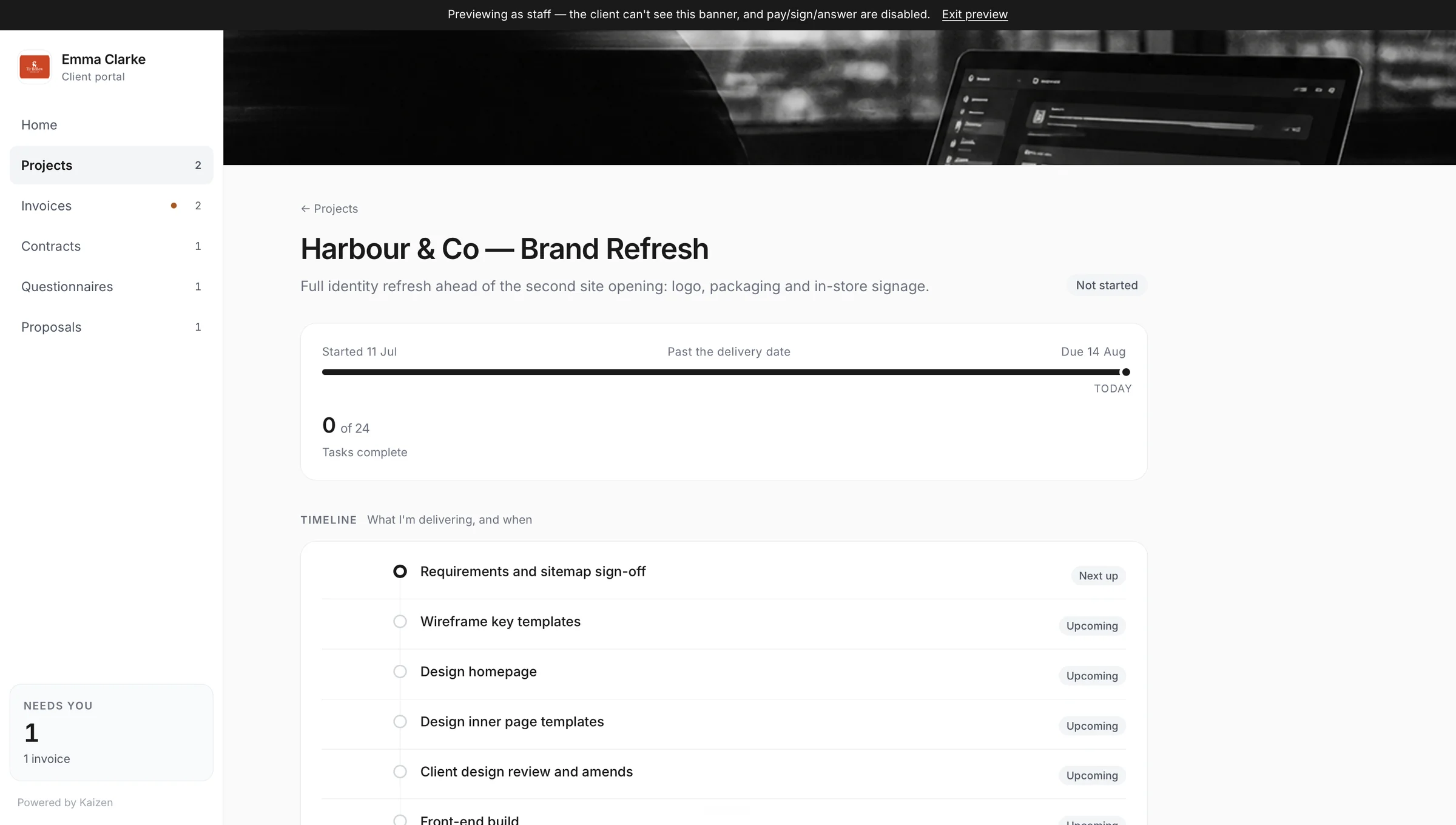 A project in a Kaizen client portal, showing the client its timeline and what is next