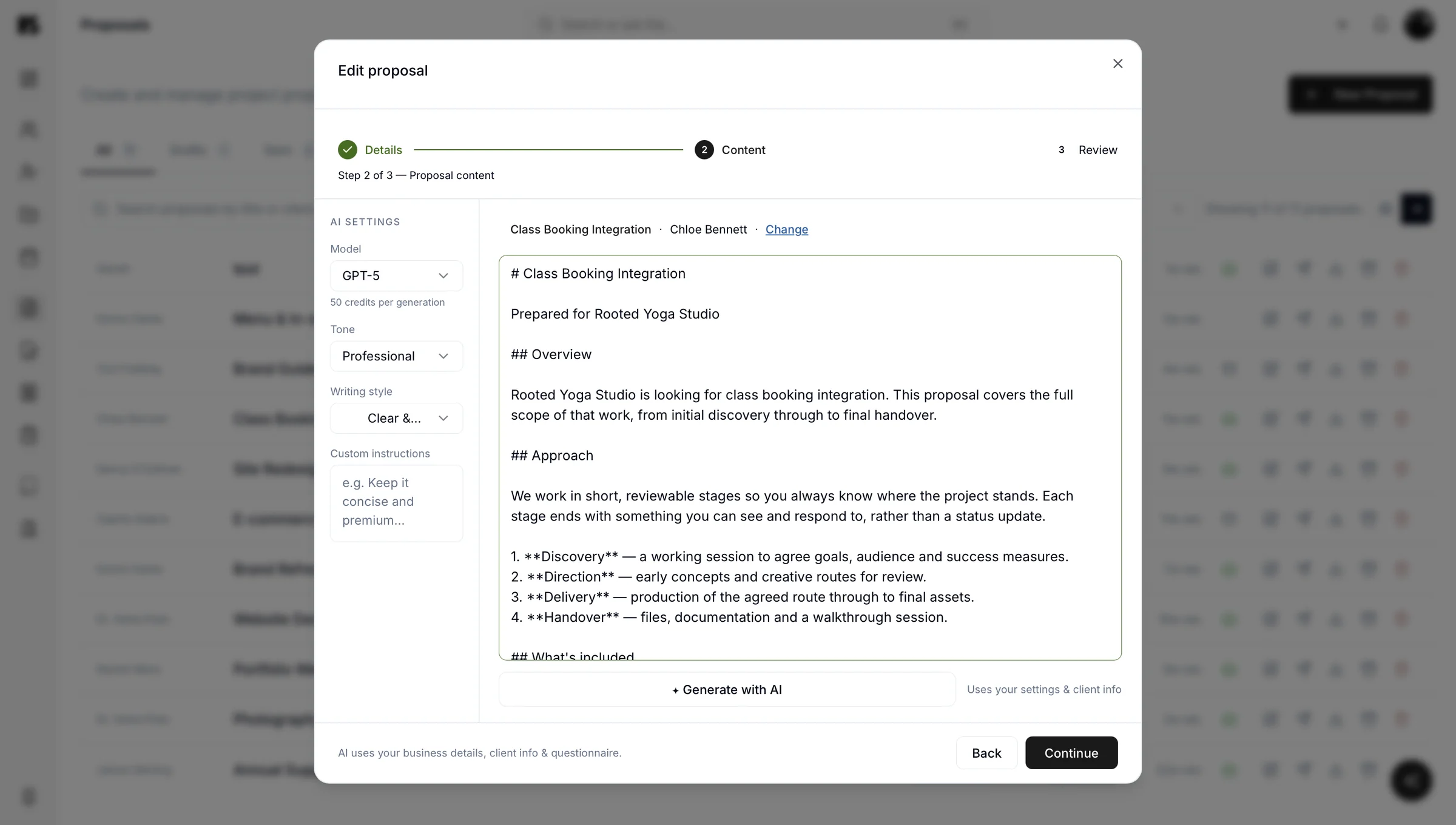 Writing a proposal in Kaizen, with AI drafting the overview, approach and stages